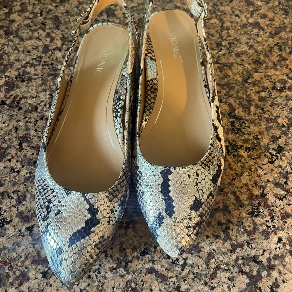 Vionic Jade Boa silver/black/pink slingback flats orthotic dress shoe, size 7